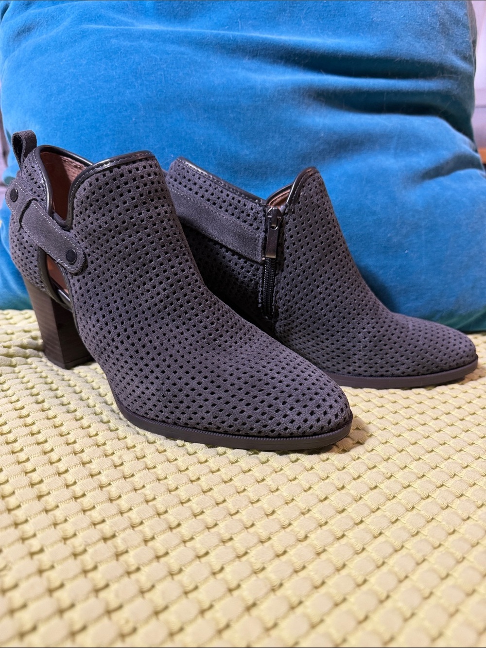 Franco Sarto Charcoal Perforated Suede Cutout Ankle Booties